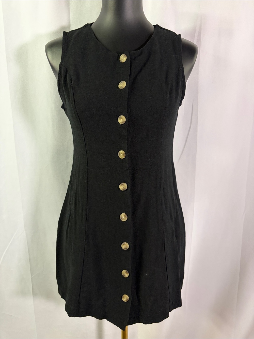 Monteau Black Sleeveless Linen Blend Button Front Shift Dress